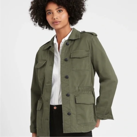 BANANA REPUBLIC Twill Utility Military Jacket Khaki Tan Womens Sz L NEW